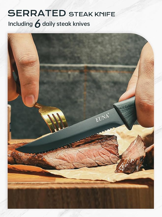EUNA Knife Block Set, 19 PCS Kitchen Knife Set with Acrylic Block and Sharpener, German High-Carbon Stainless Steel Knife Sets with 6 Serrated Steak Knives, Bread Knife, Chef Knife, Dishwasher Safe