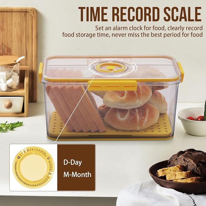 Gifhomfix Bread Box Bread Boxes for Kitchen Counter Airtight, Time Recording Bread Storage Container with Lid, Bread Keeper for Homemade Bread, Toast, Bagel, Donut and Cookies, LARGE Yellow