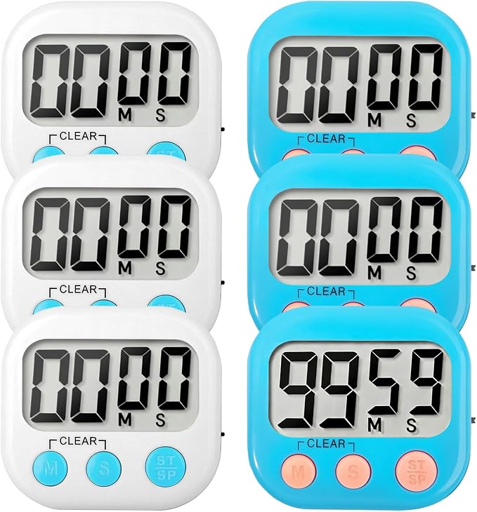 6 Pack Digital Kitchen Timer Small Classroom Timers for Kids Teachers (Blue&White)