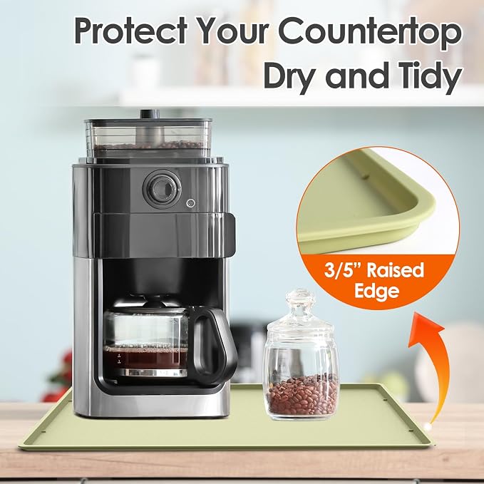 Silicone Coffee Maker Mat with Lip for Countertops, 19.7''x15'', Sage Green | Multi leak-proof coffee tray for countertop, non-slip silicone tray for under coffee machine espresso accessory, wipe-clean