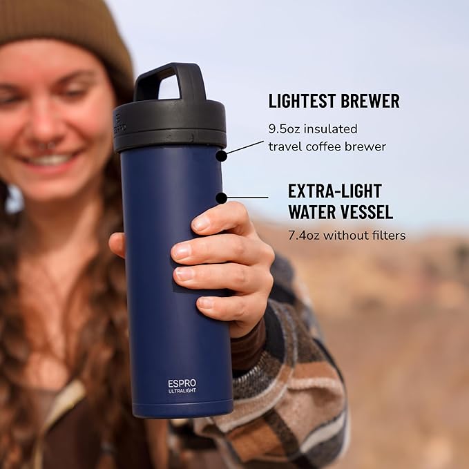 ESPRO Go P0 Ultralight French Press Coffee Maker for Travel, Vacuum Insulated Stainless Steel, 16 Ounces, Aegean Blue