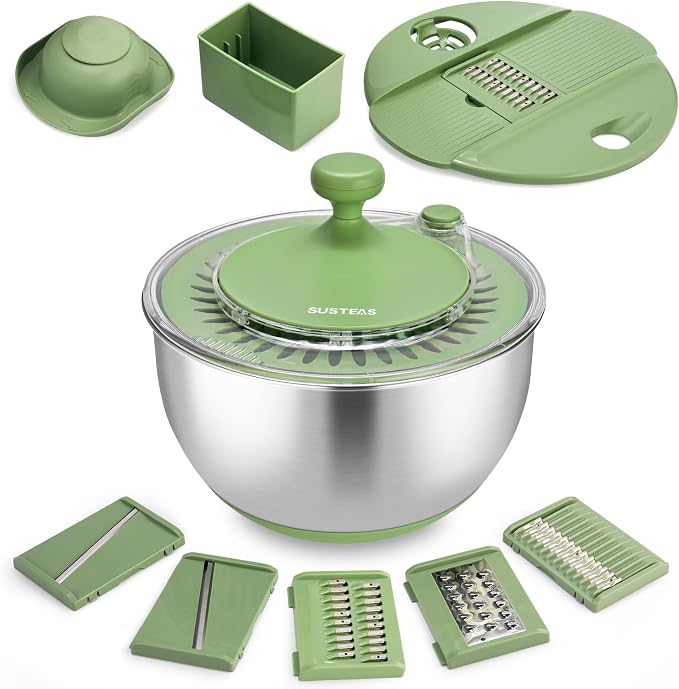 SUSTEAS Stainless Steel Salad Spinner, Lettuce Spinner with 5 Blade Slicer | Vegetables Wash Bowl, Fruits & Herb Lettuce Dryer with Egg Yolk Strainer for Efficient Salad Preparation and Food Washing