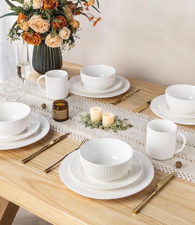 Ceramic Dinnerware Set for 6, 18-Piece Plates and Bowls Set | Lightweight Porcelain Dish Set, Scratch Resistant, Oven & Microwave & Dishwasher Safe, Bright White