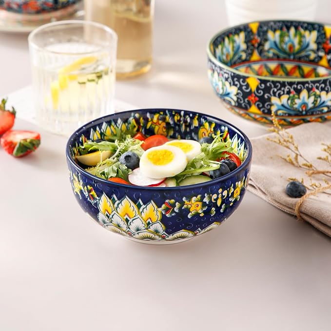 vancasso SIMI 28 oz Cereal Bowls Set of 6, Bohemian Ceramic Soup Bowls | For Pasta, Salad, Ramen, Fruit Serving, Dishwasher and Microwave Safe, Porcelain, Chip-Resistant, Decorative Bowls