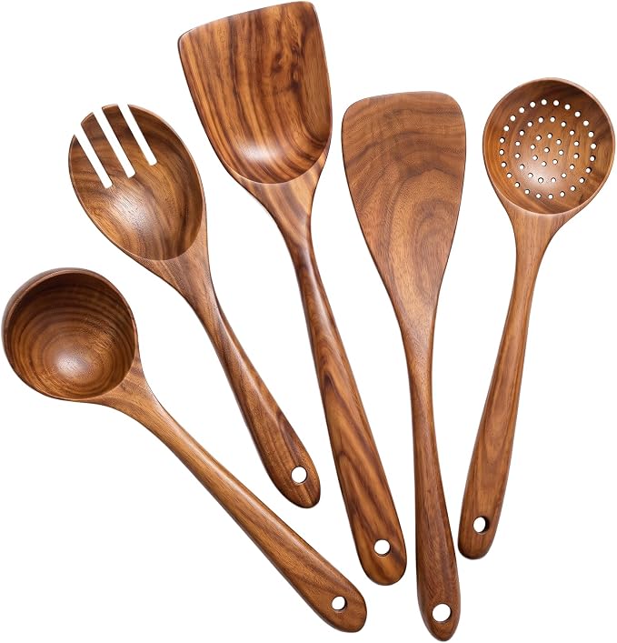 Wood Utensils Set for Cooking, Teak Wooden Utensils Set Wood Spatula for Nonstick Cookware Kitchen Utensils Set 5