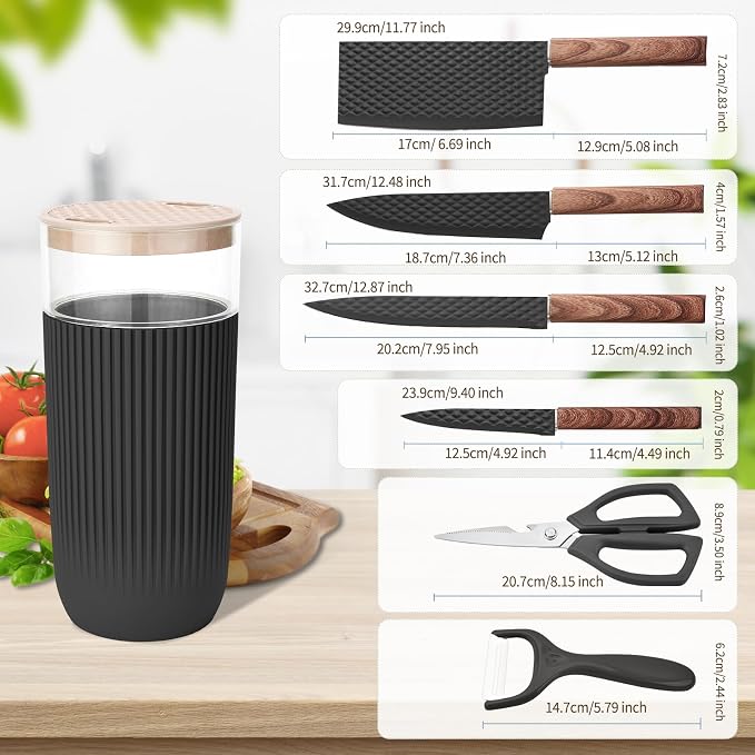 Knife Set, 7-Piece Kitchen Knife Set with Sharp Chef and Meat Knives, Anti-Rust Utility Knives Set for Kitchen, Kitchen Knife Block Set – Black
