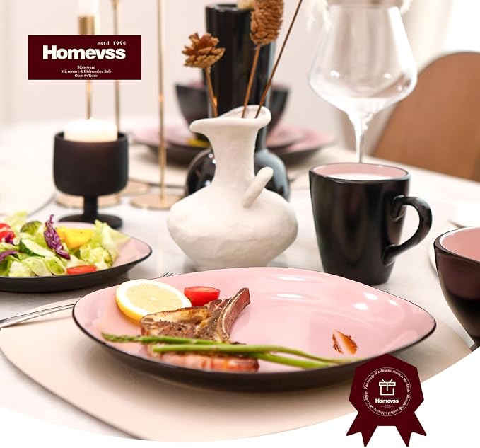 HomeVss, Stoneware Square 16pc Dinnerware Set, Inside Shiny Rose + Outside Matte Black