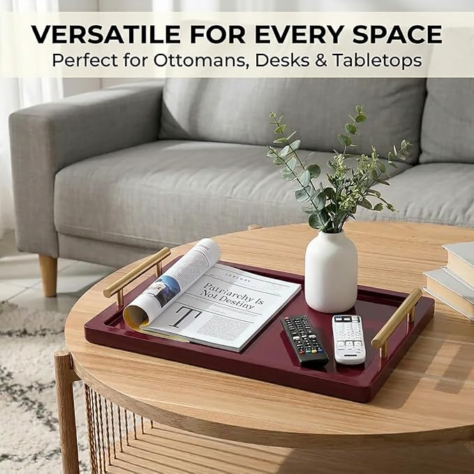 PEKER Wooden Serving Tray with Metal Handles, Black Decorative Coffee Table Tray for Breakfast in Bed, Ottoman & Home Décor, Wooden Food Tray for Kitchen