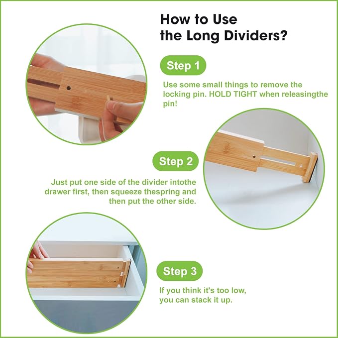 Bamboo Drawer Dividers Organizers, Drawer Separators Splitter,17-22 inches Long Adjustable Spring-loaded Organizer for Large Utensil, Clothes, Tools Drawers(yellow)