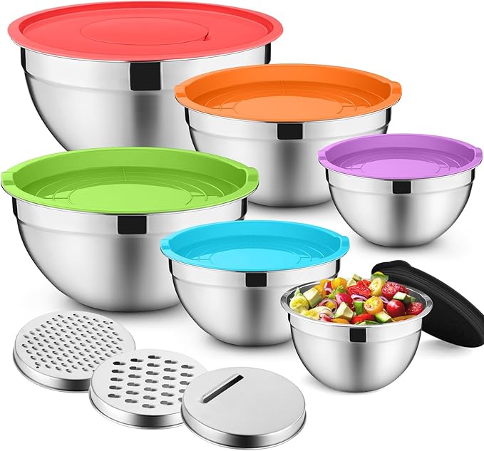 P&P CHEF Mixing Bowls with Lids Set of 6, Nesting Salad Bowl, Multicolor | Stainless Steel Bowl & 3 Grater Attachments & Plastic Lid, For Prepping Baking Storing, Sizes with 4.6/2.6/2/1.5/1/0.7 QT