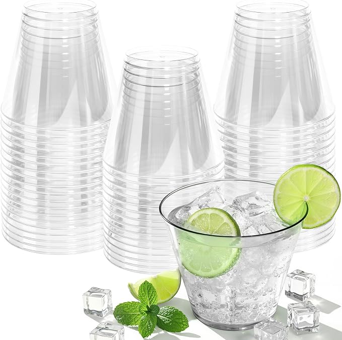 Glowserve 9 OZ Clear Disposable Plastic Cups Cocktail Cup 50 Pack | Fancy Cocktail Cup,Stemless Wine Glass,Wedding Wine Glasses,Graduation Birthday,World Cup,Party Essentials