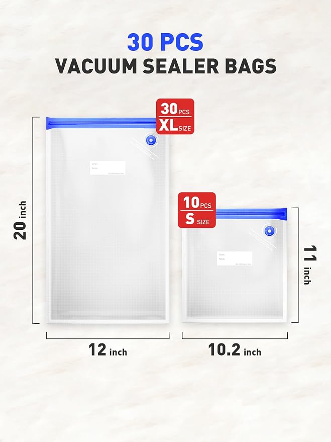 30 Pcs Reusable Vacuum Sealer Bags for Food, 2 Size BPA-Free Vacuum Storage Bags with Sealing Clips & Leak-Proof Design for Sous Vide Cooking, Freezer, Microwave Heating