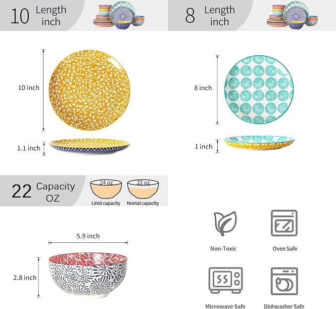 Selamica Ceramic Plates and Bowls Sets,18 Pieces Dinnerware Sets for 6,Dishwasher & Microwave Safe dish set,Family & Holiday Dining, Assorted Colors
