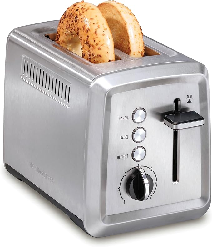 Hamilton Beach 2 Slice Toaster with Extra-Wide Slots, Bagel Setting, Toast Boost, Slide-Out Crumb Tray, Auto-Shutoff & Cancel Button, Defrost Function, Stainless Steel (22794) | Browning Control With 7 Shades | Auto Shutoff | Toast Boost | Slide-Out Cr...
