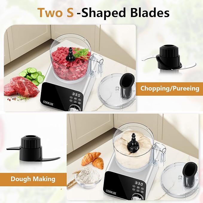 COOKLEE Food Processor, 600 Watts, 6 Functions Electric Food Chopper for Chopping, Mincing, Dicing, Shredding, Slicing, Purees & Dough with 12cup Processor Bowl, Food Chute & Pusher, Silver