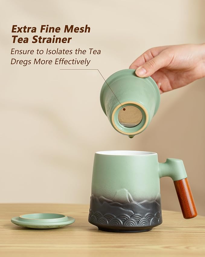 ZENS Tea Mug with Infuser and Lid for Loose Leaf Tea Steeper, 16.9oz Moss | Embossed Ceramic Tea Cup with Infuser for Herbal Tea Difussers, Tea Lovers Gifts, Nature Wood Handle