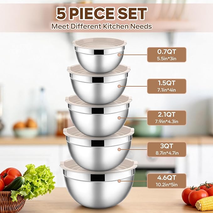 E-far Mixing Bowls With Lids Sets of 5, 10-Piece Stainless Steel Salad Metal Nesting Bowl for Baking Cooking and Prepping, Airtight Lid & Stackable Design, Size 4.6, 3, 2.1, 1.5, 0.7 QT, Khaki