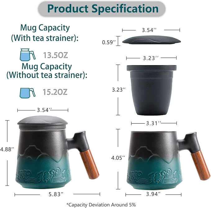 ZENS Tea Mug with Infuser and Lid for Loose Leaf Tea Steeper, 15oz Green | Embossed Ceramic Tea Cup with Infuser for Herbal Tea Difussers, Tea Lovers Gifts, Nature Wood Handle