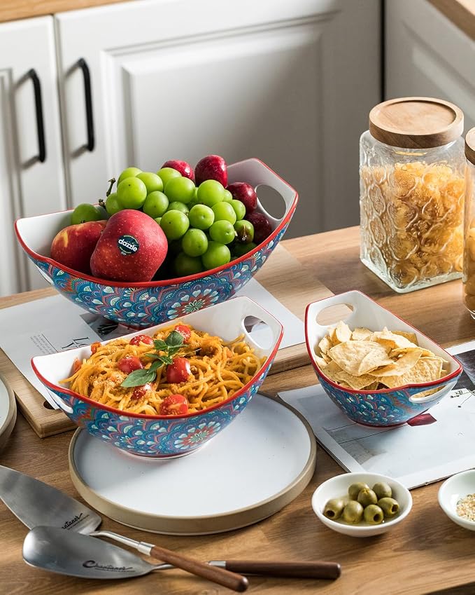 LAUCHUH Serving Dishes, Porcelain Bohemian Serving Bowls with Handles | Mixing Bowls Set Salad Bowls Nesting Bowls for Entertaining, Thanksgiving Party, Bowl Set of 3, 15/28/49 oz, Blue and Yellow