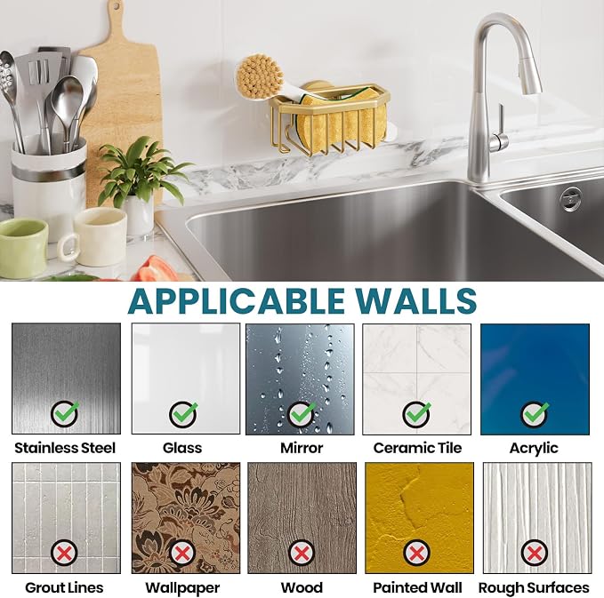 TAILI Sponge Holder for Kitchen Sink with Suction Cup-Gold, Aluminum | Rustproof Aluminum Sink Caddy for Sponges,Brushes,Stoppers & Scrapers,Removable Ventilated Quick-dry Design, holds Up 11lbs