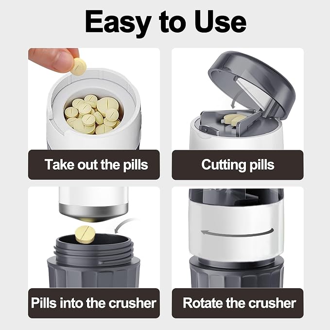 DUBSTAR 3-in-1 Pill Crusher Fine Powder Pill Grinder Pill Cutter Grey | Pill Crushers for Elderly and Pet with Pill Storage and Brush, Pill Splitter for Small or Large Pills
