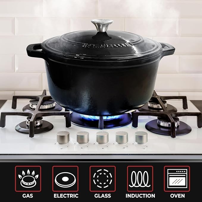 MUELLER HOME 4.5 QT Enameled Cast Iron Dutch Oven, Heavy-Duty Casserole Dish and Braiser Pan with Lid and Stainless Knob, Oven-Safe up to 500° F & Across All Cooktops, Black | Heavy-Duty Casserole Dish and Braiser Pan, Lid with Stainless Knob, Oven-Saf...