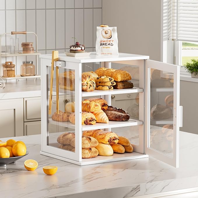 WOWLIVE Bread Box for Kitchen Countertop, 3 Layers Bread Storage Container | Large Bamboo Bread Bin for Homemade Bread with Window, Farmhouse Breadbox Organizer for Kitchen, Cabinet, White, Extra Large