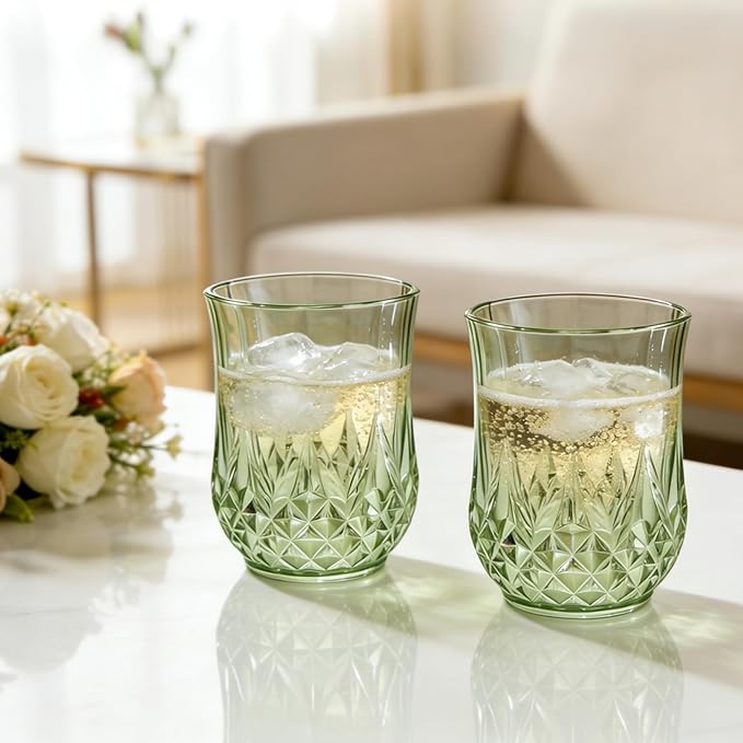 24 Pack Plastic Stemless Wine Glasses, 12oz Unbreakable Wine Cups | Reusable Fancy Vintage Drinking Glass Bulk for Cocktail, Whiskey, Juice, Elegant Decor for Wedding, Party & Holiday Events