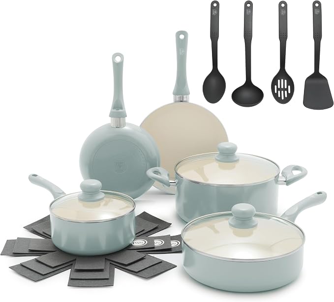 GreenLife 16pc Ceramic Nonstick Pots & Pans Cookware Set, Mint Green | PFAS-Free Nonstick Coating, Stockpot, Frying Pans, Saucepan, Sauté, Induction Ready, All Stovetop Compatible, Dishwasher Safe