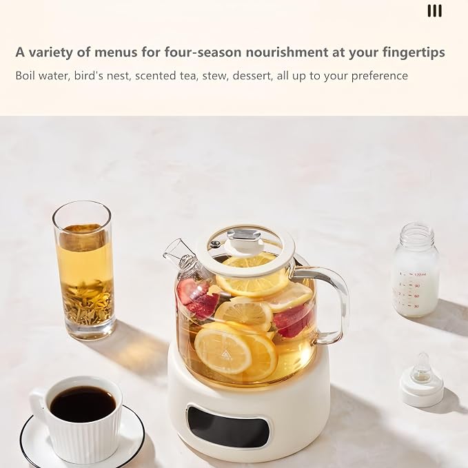Lemuugo 1.2L Glass Tea Kettle with Infuser, Temp Control, 24H Timer | 1 liter electric tea kettle with infuser, temperature control kettle allglass, 24H preset timer for loose leaf tea.