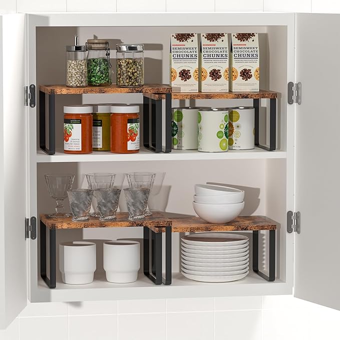 CADUKE Set of 4 Counter Shelves Kitchen Cabinet Shelf Organizer Brown | Countertop Organizer,Counter Top Racks,Stackable, Expandable, Metal and Engineered Wood, for Bathroom