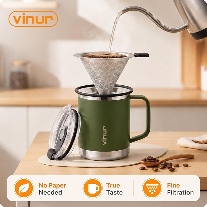 VINUR Stainless Steel Pour Over Coffee Maker-12 oz Insulated Coffee Maker | Stainless Steel Double Wall Vacuum Insulated Coffee Maker With Stainless Steel Filter for Home, Camping, Office (Grass Green)