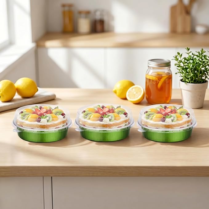 Beasea Mini Pie Pans with Lids, 120 Pack 7.3oz Avocado Green Disposable Aluminum Foil Pie Tart Baking Cups Tins, 4 Inch Mini Cake Pans Individual Dessert Containers Oven Dishes for Tart Cheesecake