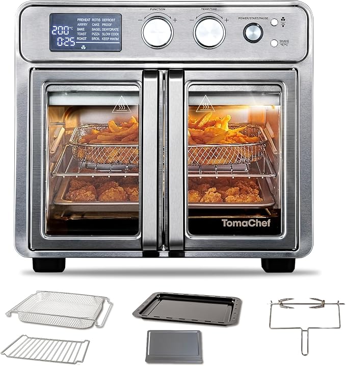 TomaChef 26QT French Door Air Fryer Oven Combo, 15-in-1 | 15 Cooking Functions and Digital Controls, 30 Recipes & 5 Accessories, Stainless Steel Finish