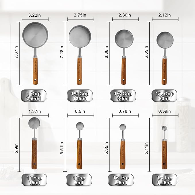 Premium Wood Handle Stainless Steel Measuring Cups and Spoons 8PCS | Food-grade, Rust-proof,Engraved Marks Never Fade,For Dry & Liquid Ingredients,Nesting Saves Space,Ideal Gift for Bakers
