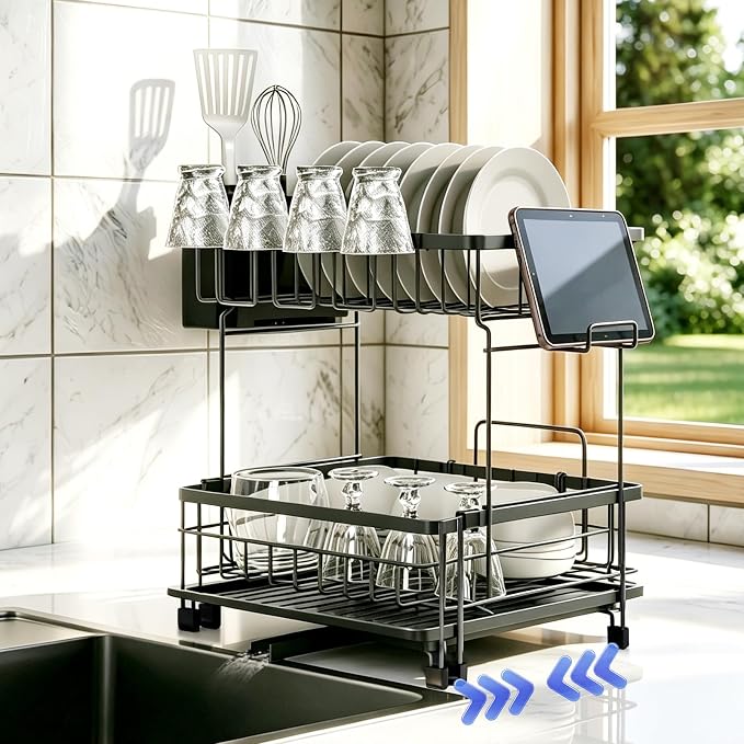 2 Tier Foldable Expandable Double Dish Drying Rack with Utensil Holder & Phone Holder, Over Sink Large Capacity Countertop Dish Dryer Organizer for Kitchen