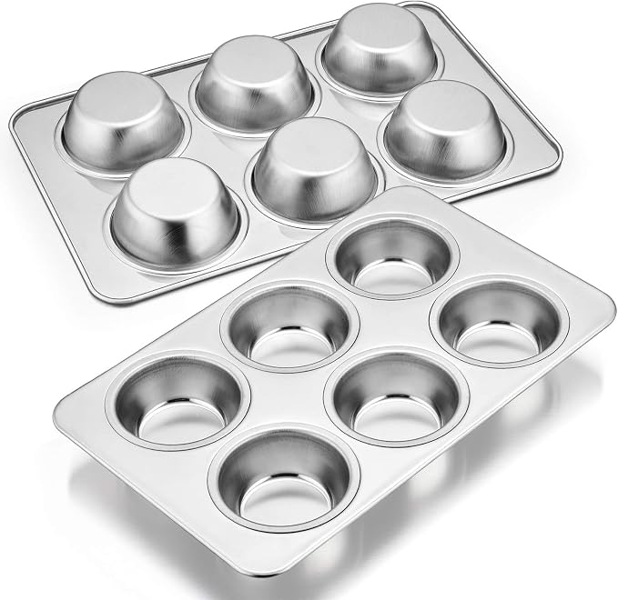 E-far Stainless Steel Muffin Pan Set of 2, 6-Cup Cupcake Tin for Baking | Metal Muffin Tray, Non-toxic & Healthy, Oven & Dishwasher Safe, Regular Size - 11.44 x 7.12 x 1.25 Inch