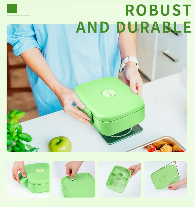 Bento Lunch Box with Kids/Adults, 5 Compartments Leakproof Lunch Container with Dressing Cup, Eco-Friendly Double Insulated Boxes, Dishwasher and Microwave Safe, BPA-Free (green)