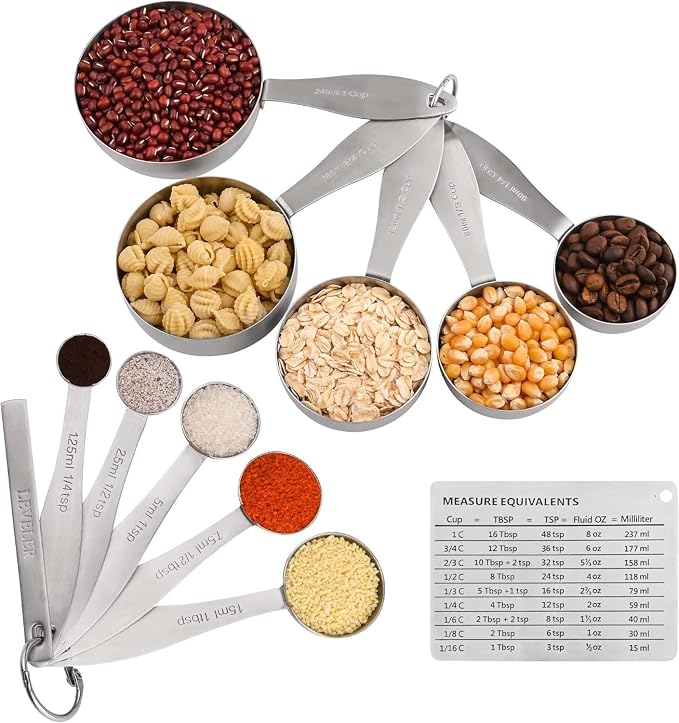 Measuring Cups and Spoons, 12 Piece Metric & US 18/8 Stainless Steel Measuring Cup and Spoon Set, Dry Metal Measuring Cups Spoons & Leveler & Measure Equivalents for Kitchen & Baking