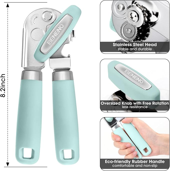 Beneno Heavy Duty Hand Can Opener Manual with Magnet Lid Remover, Mint | Razor-Sharp Carbon Steel Blade, Precise Smooth Cutting Gear, Big Effort-Saving Knob, Soft Grip Handle, Built-in Bottle Opener