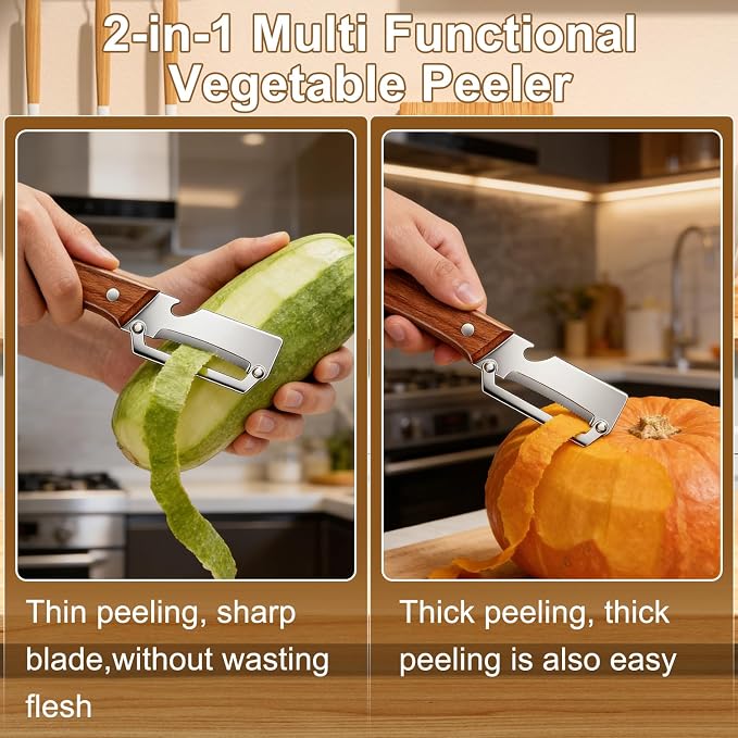 Multi-Functional Vegetable Peeler for Kitchen, 2 in 1 Stainless Steel Vegetable Peeler with Wooden Handle and Bottle Opener,Kitchen Tool for Fruit Apple Potato Carrot Pumpkin Papaya (2pcs)