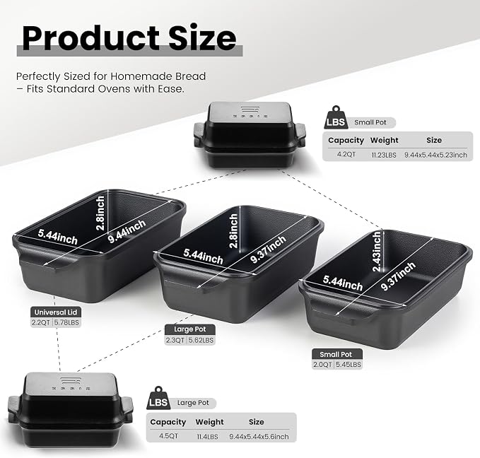 Cast Iron Loaf Pan with Lid, 9×5 Dutch Oven for Sourdough Bread Baking, Dutch Oven Pot with Lid for Bread Baking, Bread Pans for Baking, Pre-Seasoned (3 pieces, 2.2 QT Each)