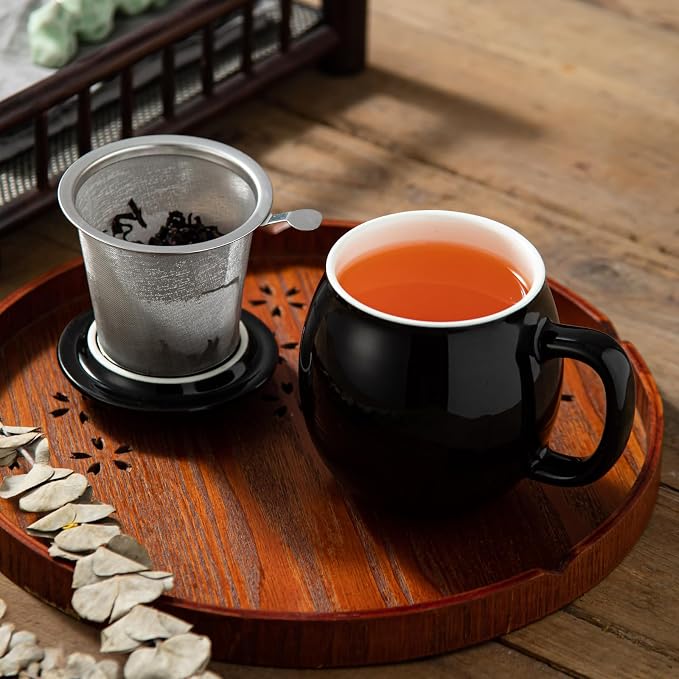 Yundu 12 OZ Brilliant Black Ceramics Teacup with Infuser and Lid, Mug with Lid for Steeping - Stainless Steel Infuser for Loose Leaf Tea, Home Office Gift for Tea Lovers
