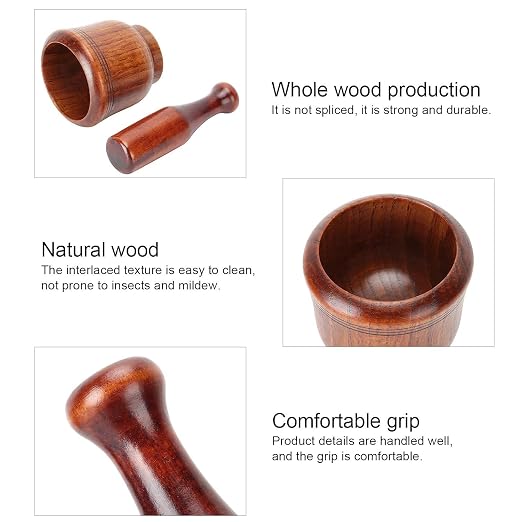 Wooden Mortar and Pestle Set, Traditional Spice Grinder Manual Garlic Masher Pepper Press Ginger Crusher Herb Spices Grinder Set Kitchen Gadgets