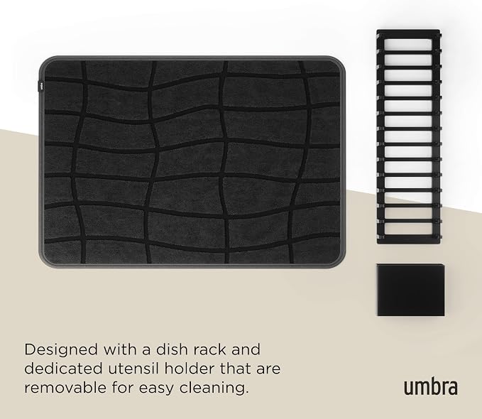 Umbra Udry Dish Drying Rack with Microfiber Mat, Foldable Drainer, Black | Machine washable, protects countertops, utensil holder, compact space saving design