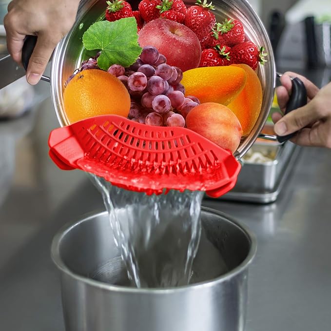 AUOON Clip On Strainer for Pots, Standard 8.86 x 3.55 in, Red | Food-grade Silicone, Fits Pots Pans Bowls, Dishwasher Safe, for Pasta Noodles Vegetable Fruits, Space-saving Kitchen Gadget