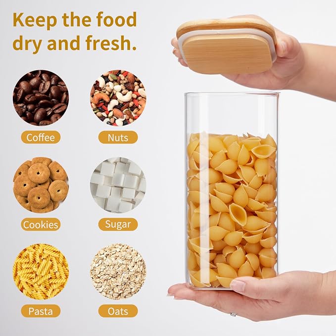 Square Glass Food Storage Jars with Lids 2.47 Qt [Set of 3], Perfect for Pasta, Cookies, Nuts, Coffee, Cereal, Flour, Organize Your Kitchen and Pantry with BPA-Free Glass Jars with Canisters