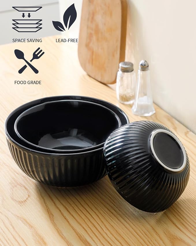 HASENSE Black Ribbed Porcelain Serving Bowls Set of 3 | 0.5/1/1.5 Qt Stackable Nesting Mixing Bowls, Large Prep Salad Pasta Fruit Bowls for Kitchen Baking Cooking Storage