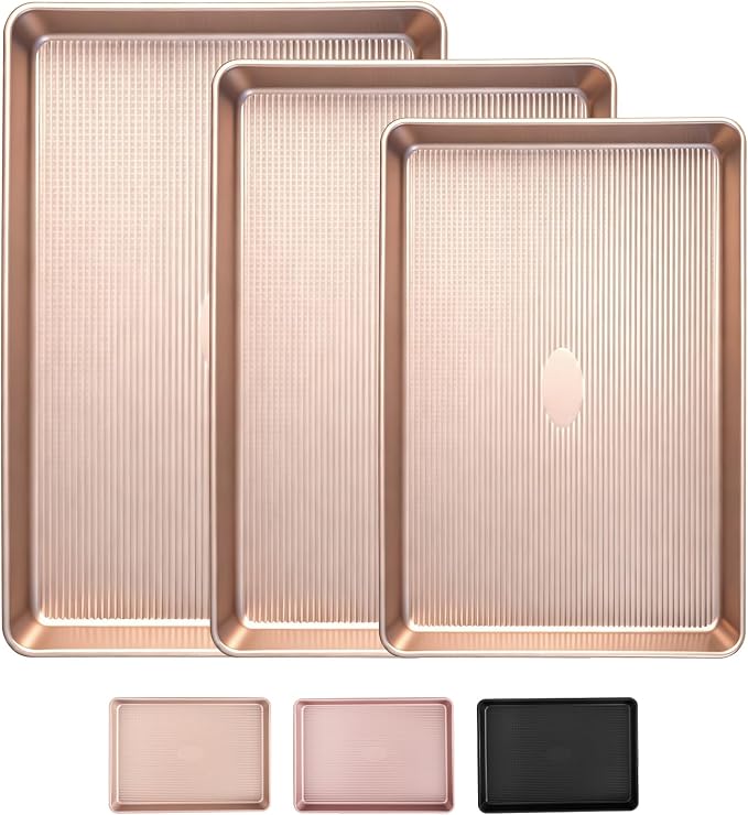 Sakerplus Nonstick Baking Sheet Pan Set of 3, Heavy Duty Cookie Sheets for Oven with Stripe Texture Pattern, 0.6mm Thick Quarter/Half/Jelly Roll Pans, Rust-Resistant & Easy Clean (Champagne Gold)