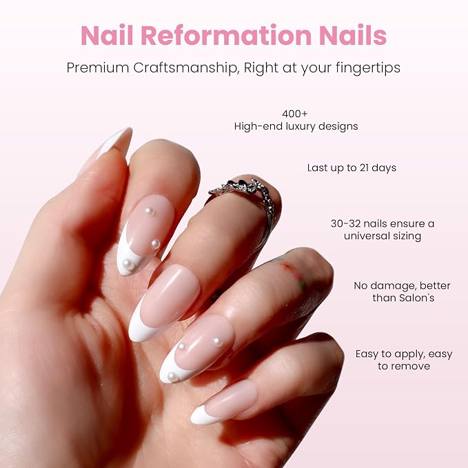 Nail Reformation Press On Nails, Sugar-Coated Pink Medium Almond Fake Nails | French Tip with 3D Pearls in a Glossy Finish, Reusable Stick On Nails in 15 Sizes - 30 False Nail Kit for Women Gifts